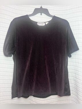 Extra Touch Chocolate Brown Ribbed Faux Velvet Short Sleeve Top